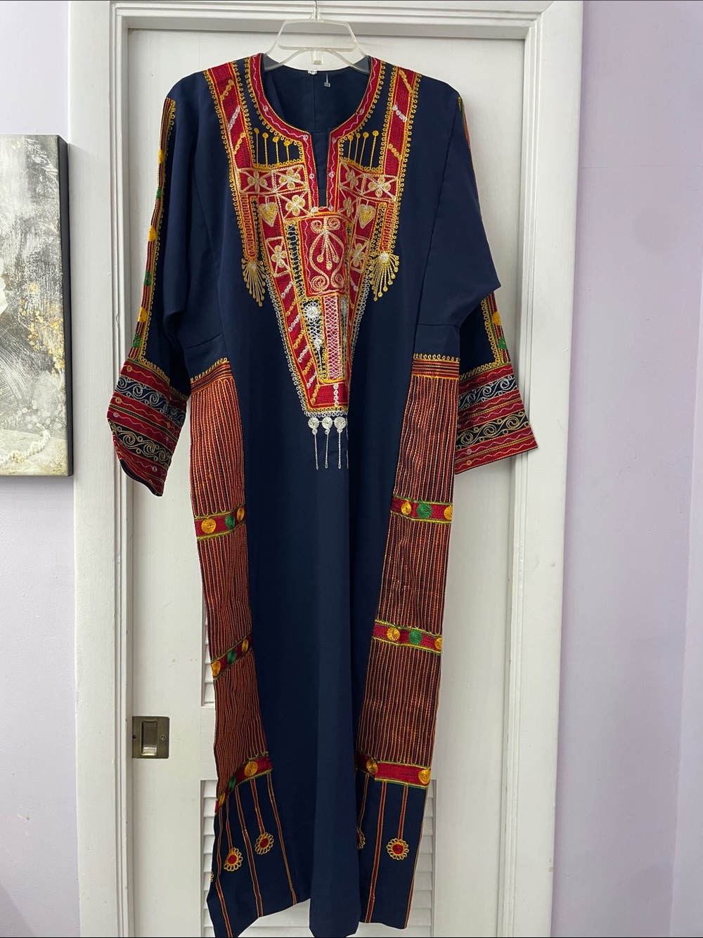 Embroidered Navy Blue Kaftan Dress with Red Accents